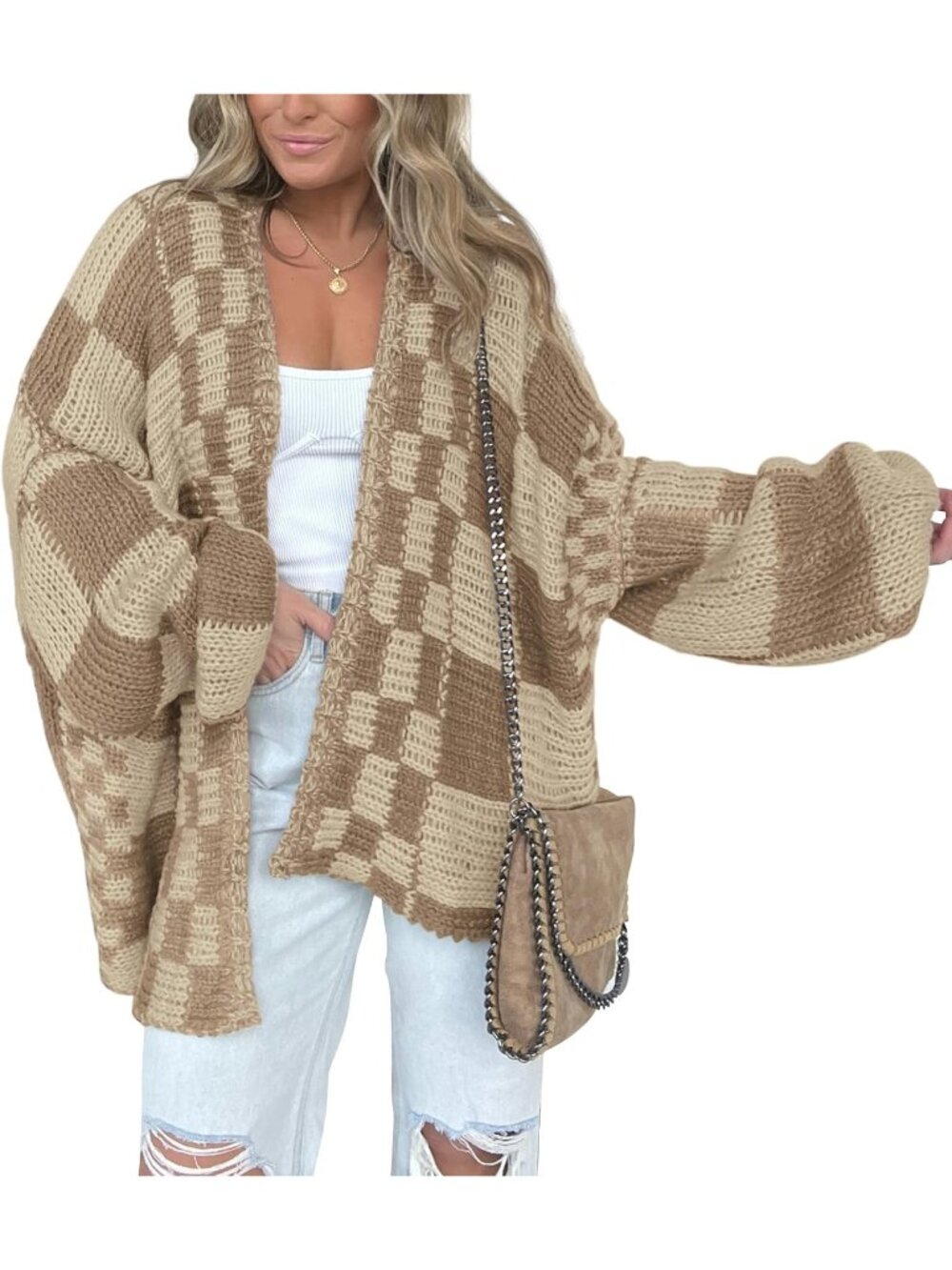 🧥Women's Khaki Cardigan Sweater Open Front Chunky Knit Loose Fit Checkered